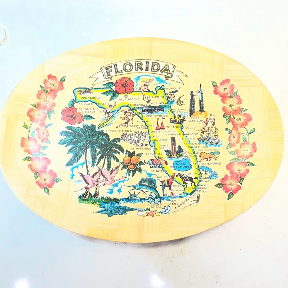 Vintage 70's Florida Souvenir Bamboo Oval Tray Collectible 16”x12” Beach Boho